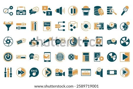 50 linear multimedia icon pack. vector thin line start button, boom box, communication speech bubbles, translate, speakers volume, big pause button, substance icons suitable for apps and websites ui