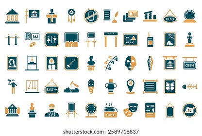 50 linear museum icon pack. vector thin line botanical,  , information desk, dreamcatcher, no phone, poetry, postcards icons suitable for apps and websites ui designs.