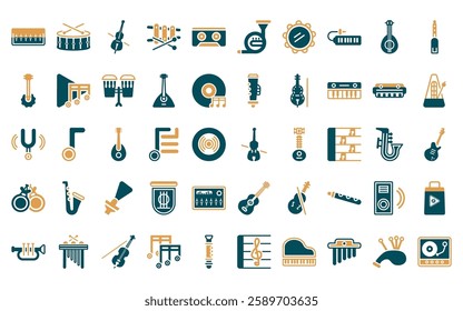 50 linear music icon pack. vector thin line violin, snare drum, double bass, xylophone, caste, horn, tambourine icons suitable for apps and websites ui designs.