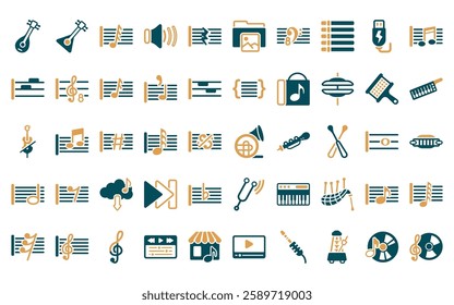 50 linear music icon pack. vector thin line french horn, balalaika, demisemiquaver, low volume speaker, quarter note rest, image archive, octave clef icons suitable for apps and websites ui designs.