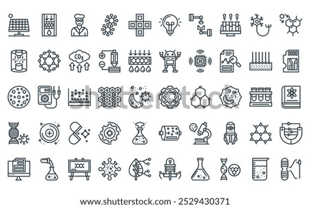50 linear nanotechnology icon pack. vector thin line gear, nanofiltration, scientist, science, layer, light bulb, assembler icons suitable for apps and websites ui designs.