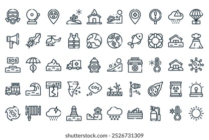 Paquete de iconos de desastres naturales lineales de 50. Vector de deslizamiento de tierra de línea delgada, campana escolar, riesgo biológico, desierto, fuego, terremoto, iconos de marcador de posición adecuados para App y Sitios web.