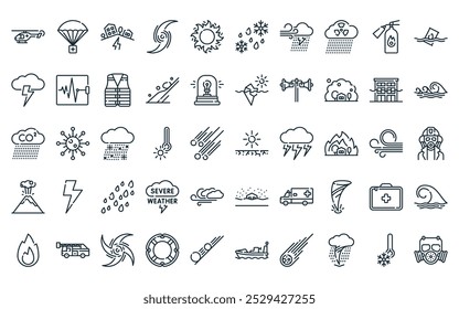 50 pacote de ícones de desastres naturais lineares. vetor seca linha fina, primeiros socorros, terremoto, furacão, sol, chuva gelada, ícones de tempo severo adequados para aplicativos e sites projetos de ui.