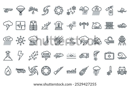 50 linear natural disaster icon pack. vector thin line drought, first aid, earthquake, hurricane, sun, freezing rain, severe weather icons suitable for apps and websites ui designs.