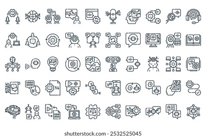 50 linear natural language processing icon pack. vector thin line sentiment analysis, natural language processing, natural language processing, icons suitable for apps and websites ui designs.