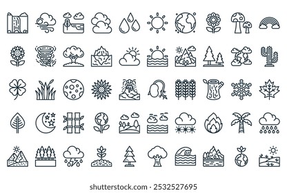 50 linear nature collection. thin icon pack. vector thin line seed, weather, nature, cloud, water drop, sun, earth icons suitable for apps and websites ui designs.