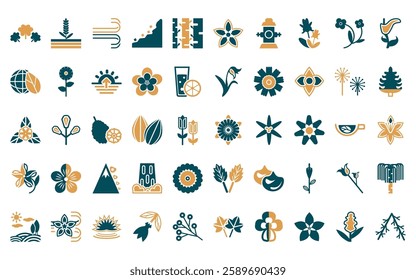 50 linear nature icon pack. vector thin line maple, plant growing on book, windstorm, cliff, birch, jasmine, fire hydrant icons suitable for apps and websites ui designs.