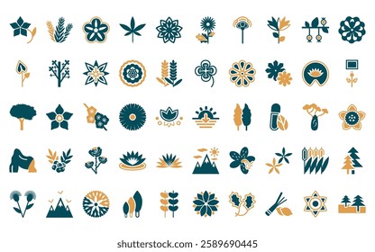 50 linear nature icon pack. vector thin line sun, rosemary, petunia, cannabis, clematis, gerbera, carnation icons suitable for apps and websites ui designs.