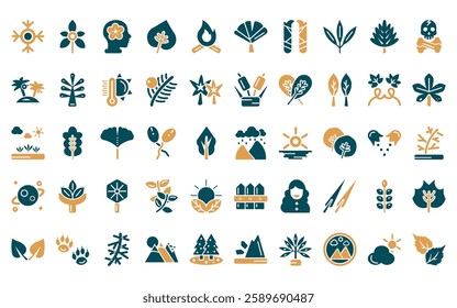 50 linear nature icon pack. vector thin line rainy landscape, palmatelly, human brian, cordate, burning flames, apricot leaf leaf, escuamiforme icons suitable for apps and websites ui designs.