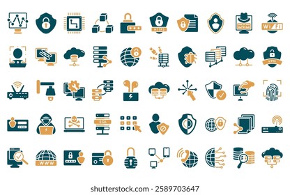 50 linear networking icon pack. vector thin line cloud server, antivirus, microchip, network cubes, pin code, https, file security icons suitable for apps and websites ui designs.