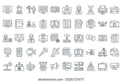 50 linear news and media icon pack. vector thin line on air, press room, cameraman, webcast, magazine, live broadcast, female journalist icons suitable for apps and websites ui designs.