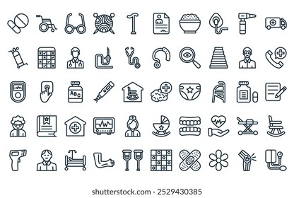50 linear nursing home icon pack. vector thin line mental health, wheelchair, glasses, knitting, walking stick, application, porridge icons suitable for apps and websites ui designs.
