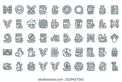 50 linear nutrients icon pack. vector thin line water, kcal, nutrient, melatonin, collagen, vitamin, vitamin d icons suitable for apps and websites ui designs.
