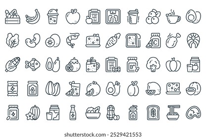 50 linear nutrition icon pack. vector thin line clipboard, banana, juice,  , diet, weight scale, shaker icons suitable for apps and websites ui designs.