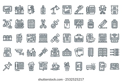 50 linear office icon pack. vector thin line diskette, stationery, notebook, id card, desk lamp, bar chart, pen icons suitable for apps and websites ui designs.