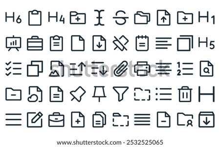 50 linear office icon pack. vector thin line paperclip, clipboard, heading, add, text, strikethrough, folders icons suitable for apps and websites ui designs.