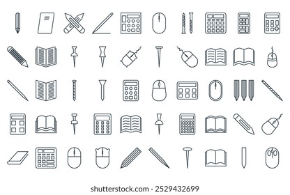 50 linear office tools icon pack. vector thin line mouse, book, nail, nail, calculator, mouse, nail icons suitable for apps and websites ui designs.