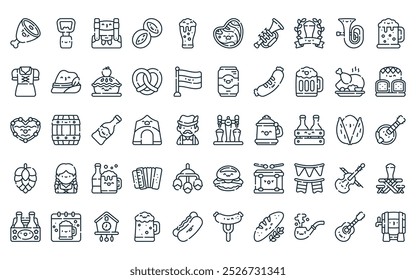 50 paquete de iconos lineales de oktoberfest. Vector de línea delgada de grifo de cerveza, abridor de botellas, lederhosen, brötchen, cerveza, carne, et iconos adecuados para App y Sitios web.