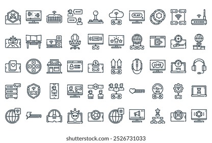 50 linear online game icon pack. vector thin line level up, video game, keyboard, chat, game pad, cloud computing, play icons suitable for apps and websites ui designs.