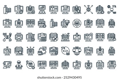 50 linear online aprendizagem ícone pack. vetor linha fina casa escolaridade, teste on-line, aprendizagem on-line, classe, lição, educação, ícones de análise adequados para aplicativos e sites projetos de iu.