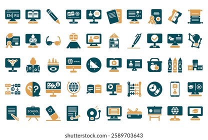 50 linear online learning icon pack. vector thin line lesson, digital book, pencil, online education, online class, paper, test icons suitable for apps and websites ui designs.