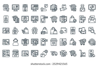 50 linear online shopping icon pack. vetor thin line shopping bag, virtual, compras móveis, revisão do cliente, rastreamento de pedidos, política, ícones de recomendação adequados para aplicativos e sites ui designs.