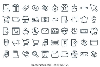 50 linear online shopping icon pack. vector thin line member card, gift box, price tag, refund,  , hot sale, email icons suitable for apps and websites ui designs.