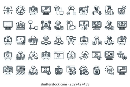 50 paquete de iconos de transmisión en línea lineal. Vector Video de juegos en línea de línea delgada, rendimiento, canal, resoluciones, transferencia de datos, medios en la nube, iconos de transmisión adecuados para App y Sitios web.