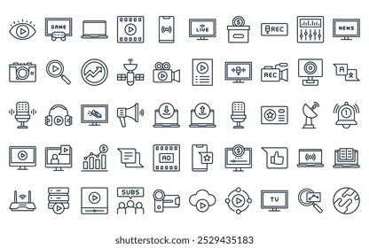 50 linear online streaming icon pack. vector thin line upload, gaming, laptop, video, phone, live, donate icons suitable for apps and websites ui designs.