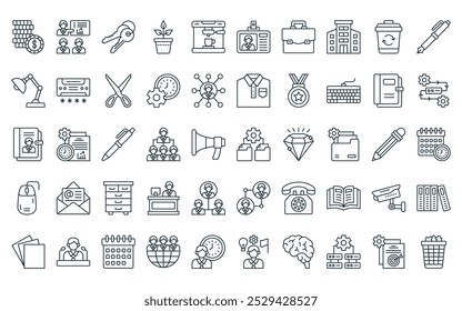 50 linear organization icon pack. vector thin line file management, presentation, key, plant, coffee hine, id card, briefcase icons suitable for apps and websites ui designs.