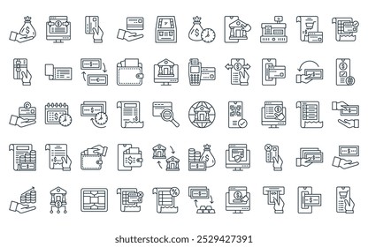 50 linear payment icon pack. vector thin line banking, transaction, credit card, debit card, atm, time is money, mobile banking icons suitable for apps and websites ui designs.