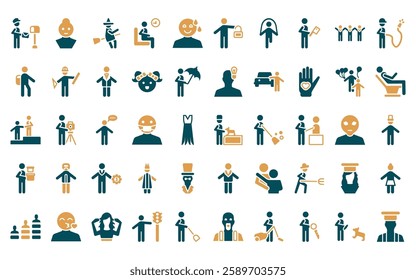 50 linear people icon pack. vector thin line vet with cat, girl smile, witch flying broom, sit down, relieved smile, man with open lock, playing with a rope icons suitable for apps and websites ui