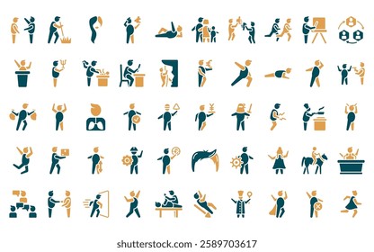 50 linear people icon pack. vector thin line businessman standing with yen, garderner, woman hair, mind game, iying down, family group, preferences icons suitable for apps and websites ui designs.