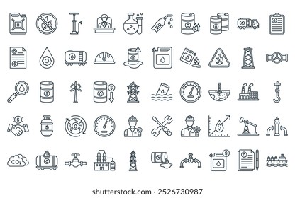 50 linear petrol industry icon pack. vector thin line pollution, no fire, hand pump, boss, chemical, nozzle, increase icons suitable for apps and websites ui designs.