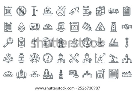 50 linear petrol industry icon pack. vector thin line pollution, no fire, hand pump, boss, chemical, nozzle, increase icons suitable for apps and websites ui designs.