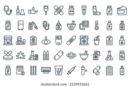 50 lineare phary Icon Pack. Vektor dünne Linie Gips, l, Feuchtigkeitscreme, Zucker, Verband, Fischöl, Salbe Symbole für Apps und Websites ui Designs geeignet.