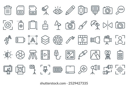 50 linear photography icon pack. vector thin line wand,  ,  lighting, view, edit, storage icons suitable for apps and websites ui