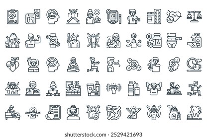 50 linear físico ícone do bem-estar pacote. vetor linha fina respiração profunda, escala de peso, bem-estar físico, ativo, luz do sol, glucosemeter, ícones de desportista adequado para aplicativos e sites projetos de iu.