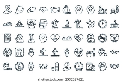 50 paquete de iconos de bienestar físico lineal. Vector de natación de línea delgada, , salud, salud, dieta, entrenamiento, iconos de autoestima adecuados para App y Sitios web.