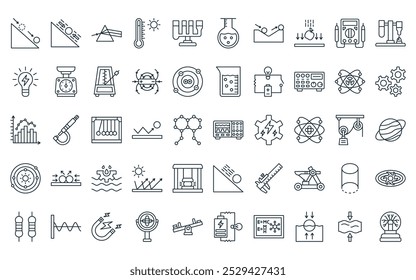 50 linear physics icon pack. vector thin line  , force, dispersion, temperature, communicating vessels, flask, law of motion icons suitable for apps and websites ui designs.