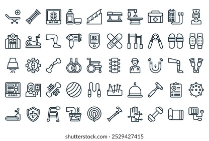 50 pacote de ícone de fisioterapia linear. vetor linha fina backbone, expansor de tórax, radiografia, cloretil, escada, tabela de fisioterapia, ícones de fisioterapia adequados para aplicativos e sites projetos de iu.