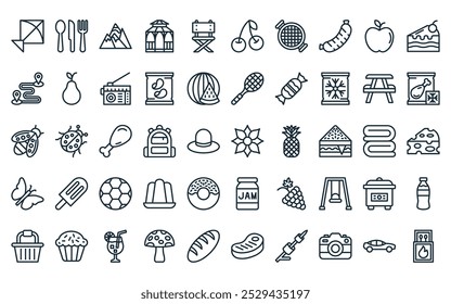 50 linear picnic icon pack. vector thin line flower, cutlery, mountains, gazebo, camping chair, cherry, grill icons suitable for apps and websites ui designs.