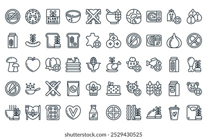50 linear plant based food icon pack. vector thin line no chicken, meal, label, coconut milk, no chicken, porridge, earth icons suitable for apps and websites ui designs.