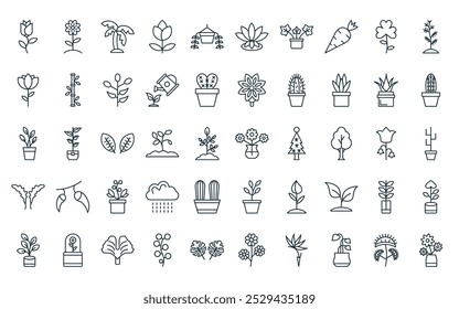 Paquete de iconos de 50 plantas lineales. Vector de línea delgada maceta, flor, palmera, flor de rosa, patos dorados, loto, íconos de hiedra inglesa adecuados para App y Sitios web.