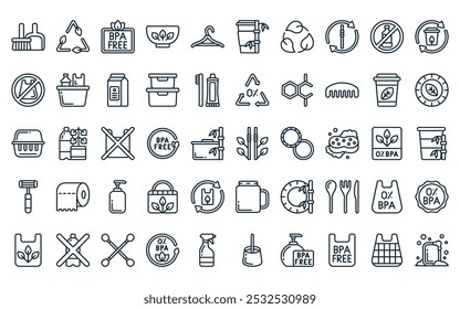 50 linear plastic free icon pack. vector thin line straws, recycle, bpa, bowl, hangar, cup, leaves icons suitable for apps and websites ui designs.