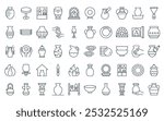 50 linear pottery and ceramic icon pack. vector thin line dish, spinning wheel, shelf, pottery, kiln, dish, pottery icons suitable for apps and websites ui designs.