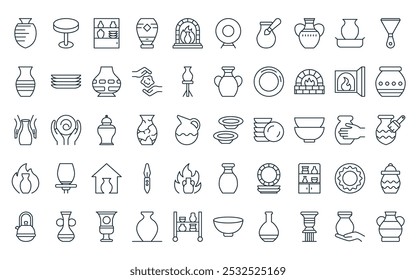 50 linear pottery and ceramic icon pack. vector thin line dish, spinning wheel, shelf, pottery, kiln, dish, pottery icons suitable for apps and websites ui designs.