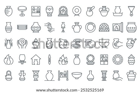 50 linear pottery and ceramic icon pack. vector thin line dish, spinning wheel, shelf, pottery, kiln, dish, pottery icons suitable for apps and websites ui designs.