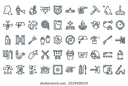 50 linear power washing icon pack. vector thin line power clean, power washing, water temperature, drip, washing, tap, handle icons suitable for apps and websites ui designs.