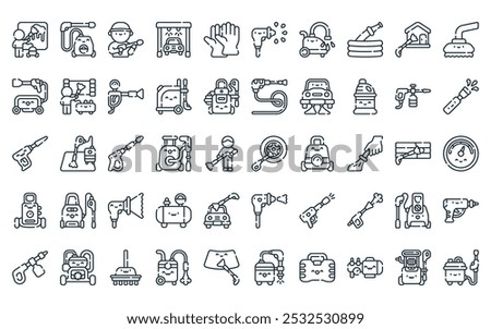 50 linear power washing icon pack. vector thin line power washing, power washing, car wash, gloves, nozzle, icons suitable for apps and websites ui designs.